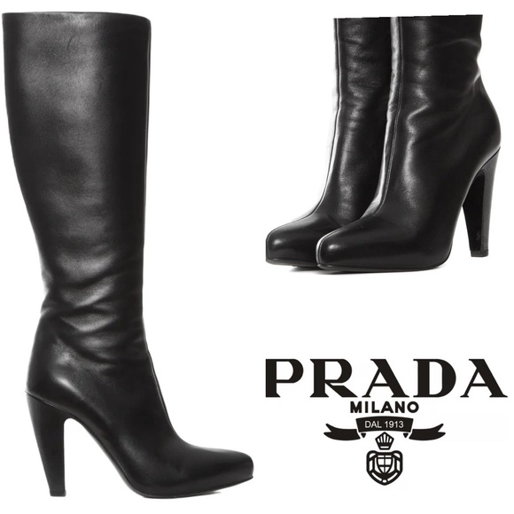 Prada Black Smooth Leather Knee-High Boots - Picture 1 of 15